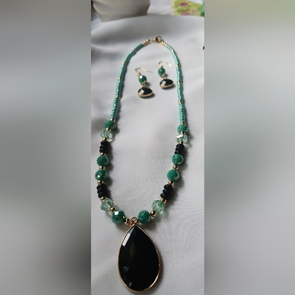 Handmade Necklace, Bracelet, Earrings set Onyx Teal
